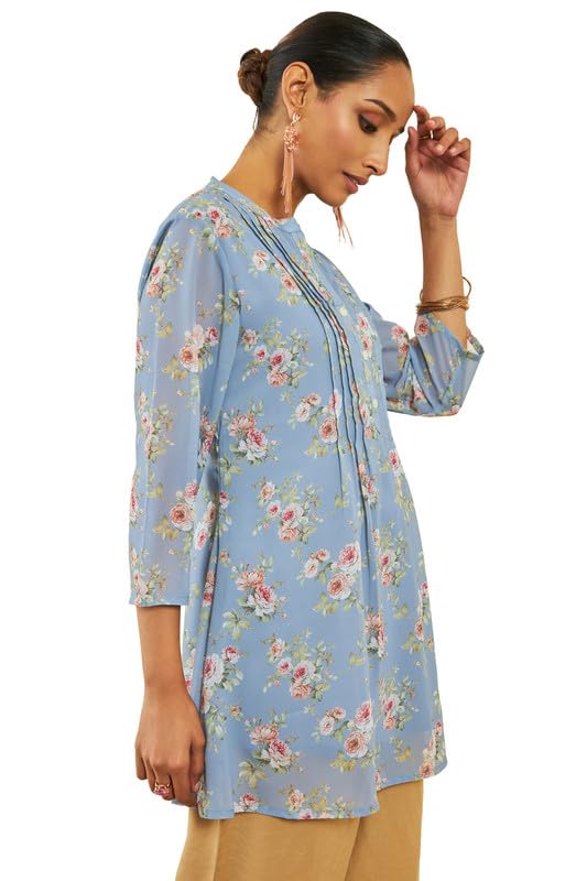 Soch Womens Blue Georgette Floral Print A-Line Tunic