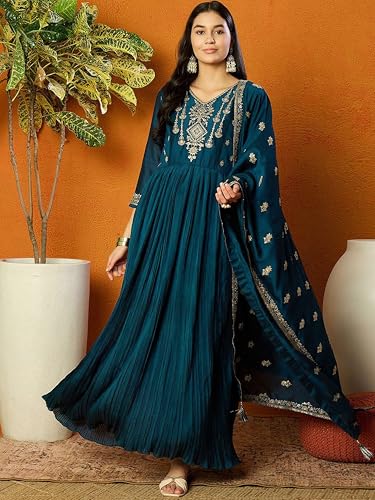 TRENDMALLS Women's Vichitra Silk Embroidery Salwar Suit Set Anarkali Kurta Set with Dupatta (G329-Morpeach-S)