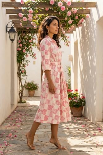 W for Woman Off-White Floral Printed Cotton Flax Flared Shirt Dress with Belt - (W13748-127069-S)