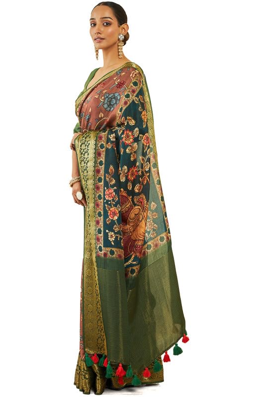 Soch Womens Brown Crepe Saree With Floral Kalamakari Print And Zari Borders