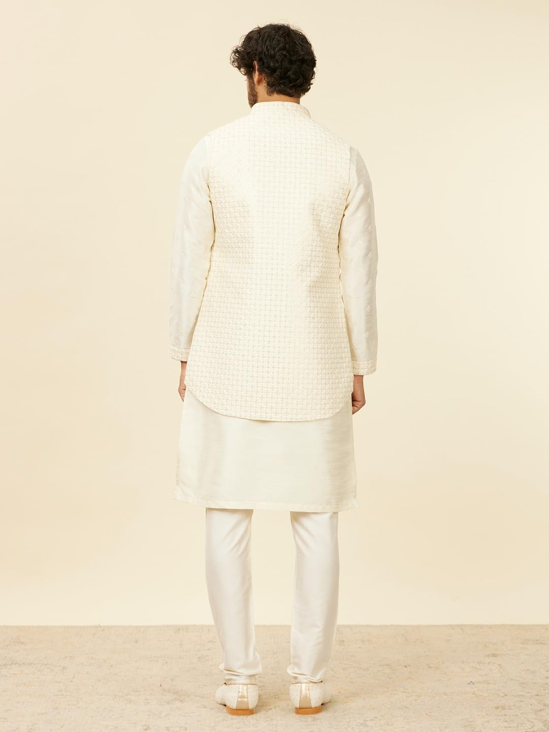 Manyavar Men's Art Silk Sequined Kurta Jacket Pyjama Set (3pcs)