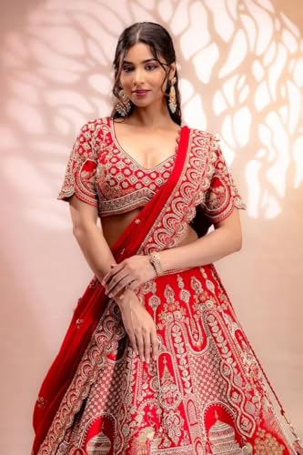 Women's Scarlet Red Silk Designer Lehenga