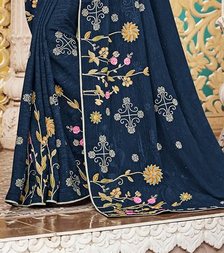 Laxmipati Sarees Women's Floral Embroidery Chiffon Saree in Blue Color with unstitched Blouse Material - Embrace Trendy Style And Timeless Elegance in this Exquisite Attire