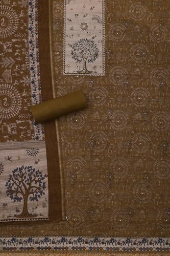 Soch Womens Beige Chanderi Warli Print Unstitched Dress Material With Sequins