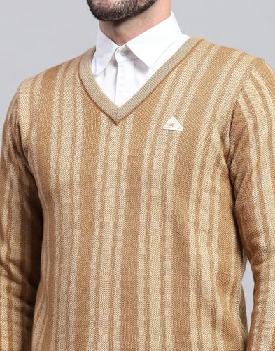 Monte Carlo Mens Striped Beige V Neck Full Sleeve Pullover Sweater (1243196VN-2-44)
