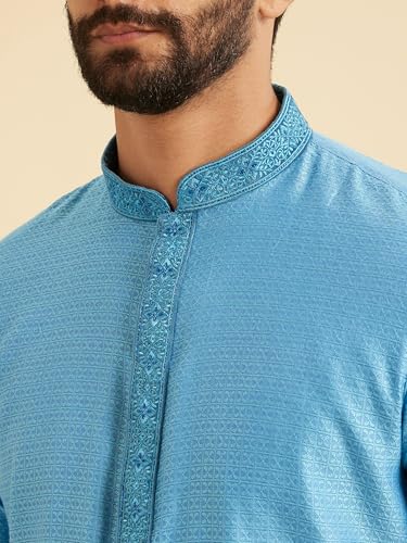 Manyavar Men's Viscose Blend Self-Design Kurta Pyjama Set (Light Blue,XXL)