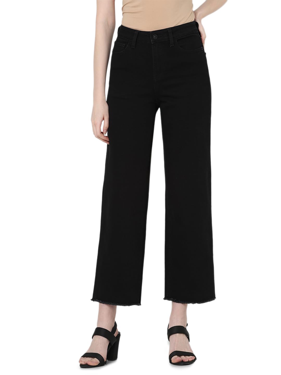VERO MODA Women Solid Black Cotton Wide Leg High-Rise Crop Length Jeans