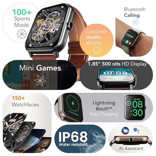 Boult Drift+ Smart Watch 1.85''HD Screen, Bluetooth Calling, IP68, 500 Nits Brightness,150+ Watchfaces, AI Voice Assistant, SpO2 Monitoring, 100+ Sports Mode Smartwatch (Black Coffee)
