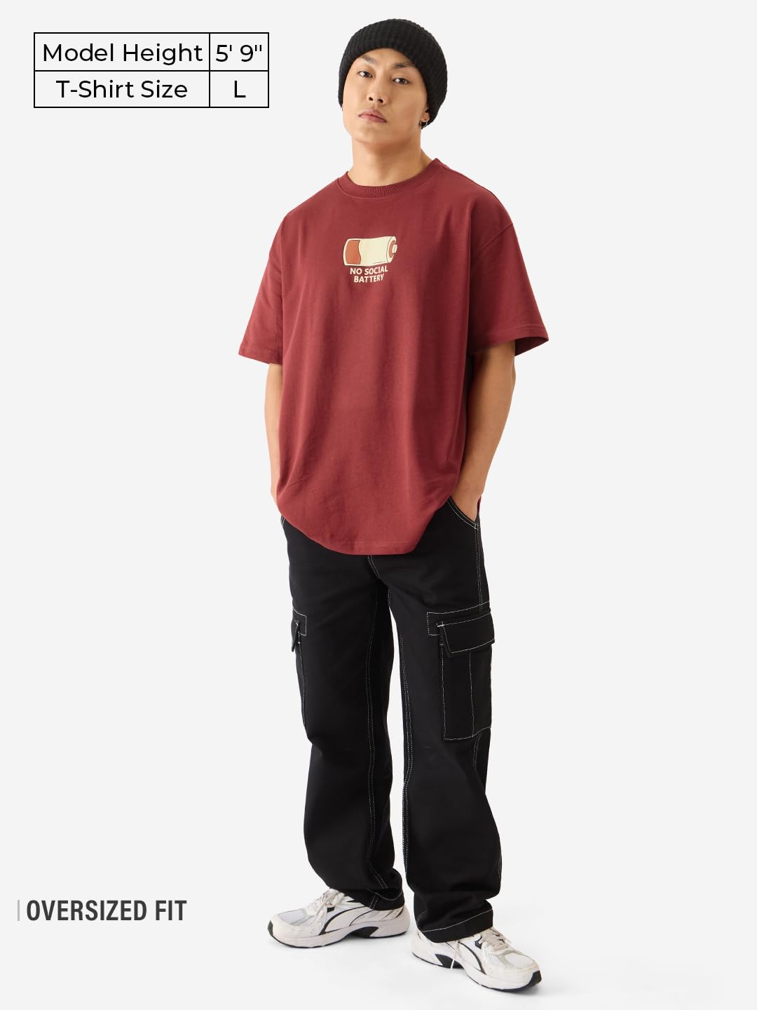 The Souled Store No Social Battery Drop Shoulder Short Sleeve Round Neck Maroon Graphic Printed Cotton Oversized Baggy T-Shirts for Men and Boys