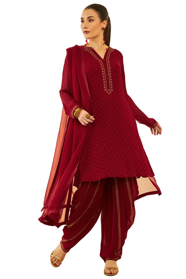 Soch Womens Red Georgette Stones Embellished Suit Set