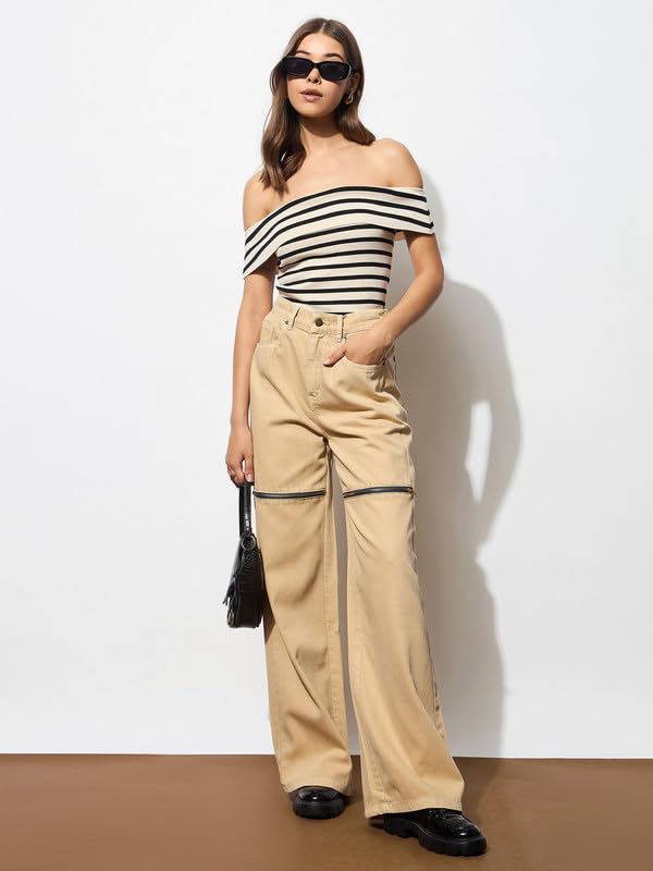 Beige Zipper Design Baggy Jeans