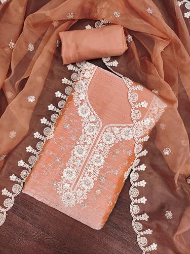 MANVAA Women'S Peach Unstitched Heavy Thread Sequence Embroidery And Fancy Border With Embroidered Dupatta Golden Cursh Dress Material (MSMFC11487D)