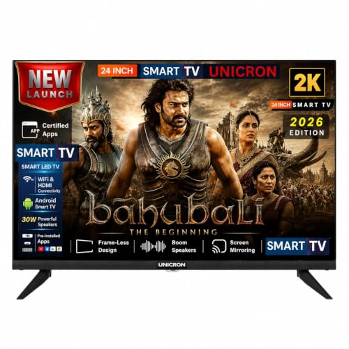 UNICRON 24”INCH Frameless HD Ready Android Smart LED TV | WiFi Enabled | Built-in Apps Compatible (YouTube, Netflix, Prime Video) | Screen-Mirror | HDMI, USB Connectivity Etc