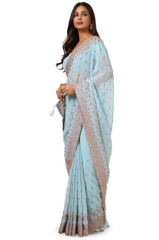 Soch Womens Powder Blue Georgette Embroidered Saree With Stonework