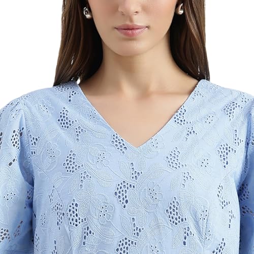 United Colors of Benetton Regular Fit V-Neck Schiffli Embroidered Dress (Size : M) - 26P4WVNDRS83I51B Blue