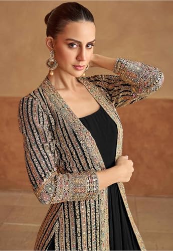 Miss Ethnik Women's Black Faux Georgette Full Sleeve Embroidered Gown With Jacket And Belt (ME-1259-Black-L)