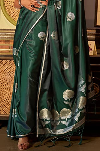 SGF11 Women's Kanjivaram Satin Zari Woven Soft Silk Saree With Blouse Piece (Dark Green)