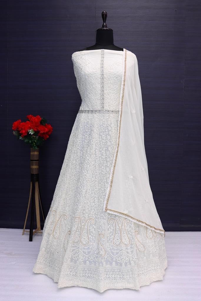 RUDRAPRAYAG Georgette And Santoon Embroidered Ankle Length Anarkali Gown For Women White