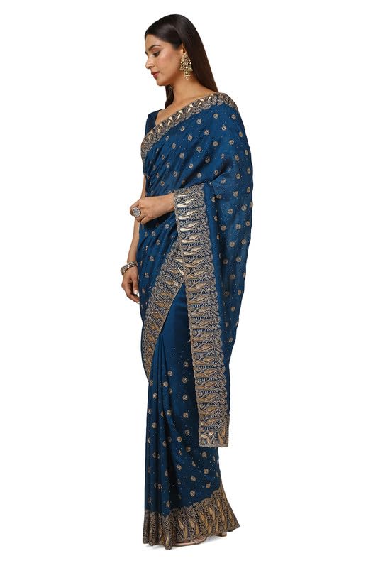 Soch Womens Teal Tussar Embroidered Saree With Stone Work