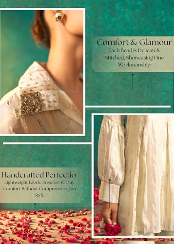 Arangya Elegant Flared Kurta Set with Embroidered Collar and Straight Pants l Puff Sleeve with Gathered Detailing l Co Ord Set for Women White