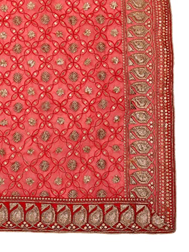 DUPATTA BAZAAR Women's Red Heavily Embroidered Net Dupatta