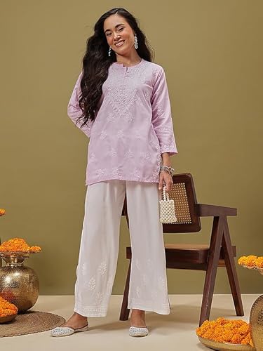Ada Lucknowi Chikankari Hand Embroidered Rayon Wide Leg Pant Palazzo for Women A711200 White (S)