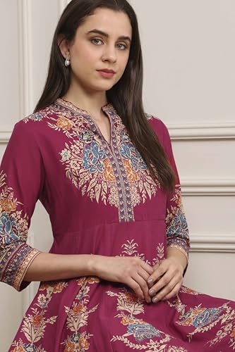 Biba Women Magenta Cotton Kalidar Printed Kurta Pants Set_38