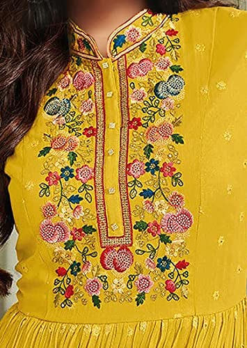 RUDRAPRAYAG Anarkali Georgette and Santoon Maxi Gown for Women | Long Anarkali Gown for Women Semi-Stitched Yellow
