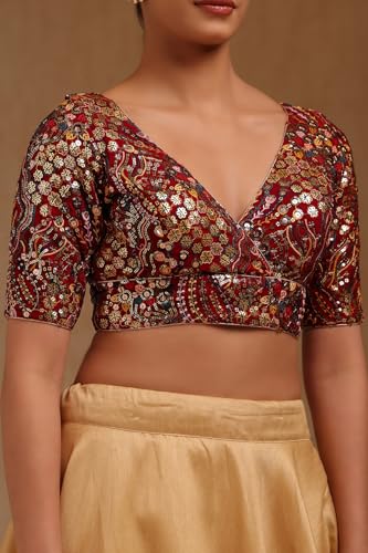 Soch Womens Maroon Georgette Embroidered Padded Blouse with Sequins