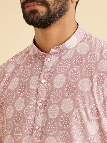 Manyavar Men's Cotton Blend Circular Bandhani Prints Kurta Pyjama Set (Pink,XXXL)