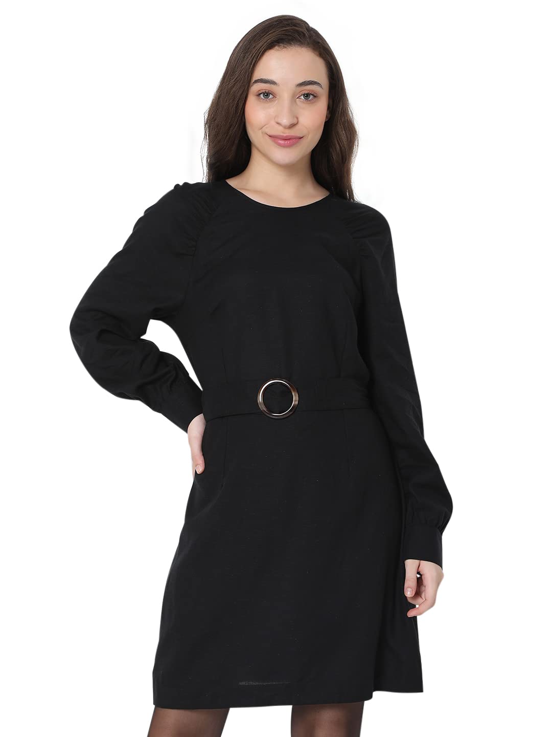 VERO MODA Solid Viscose Round Neck Womens Mini Dress (Black, Extra Large)