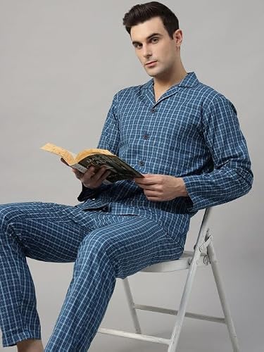 Hancock Men Checked Night Suit Blue Size M