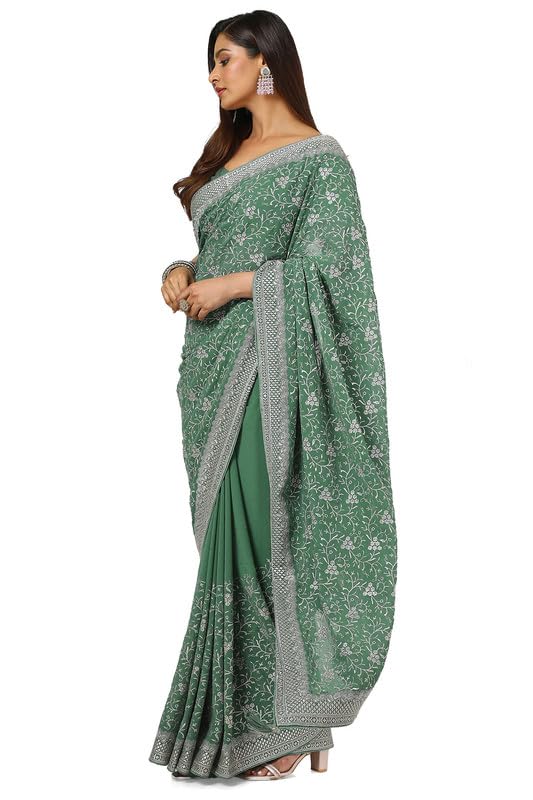 Soch Womens Light Green Georgette Embroidered Saree With Stone Work