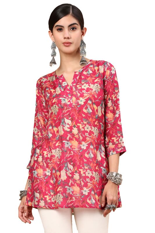 Soch Womens Fuchsia Floral Printed Notched Neck Silk Blend A-Line Tunic