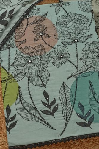 Soch Womens Turquoise Blue Mul Chanderi Floral Print Unstitch Dress Material With Beads