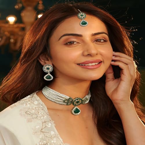 ACCESSHER Pearl & Green Stone & AD Choker Necklace with Maangtikka & Earrings With a Pair of Transparent earrings supporter sticker & Maangtikka Supporter Patch