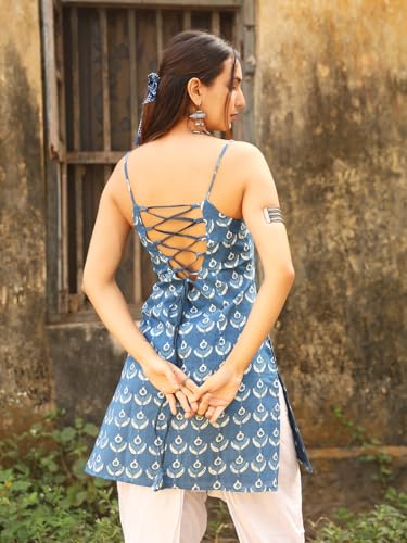 Nishorama Maahi Sleeveless Corset Back Kurti, Cobalt Blue with Block Print, Square Neckline (in, Alpha, M, Blue)