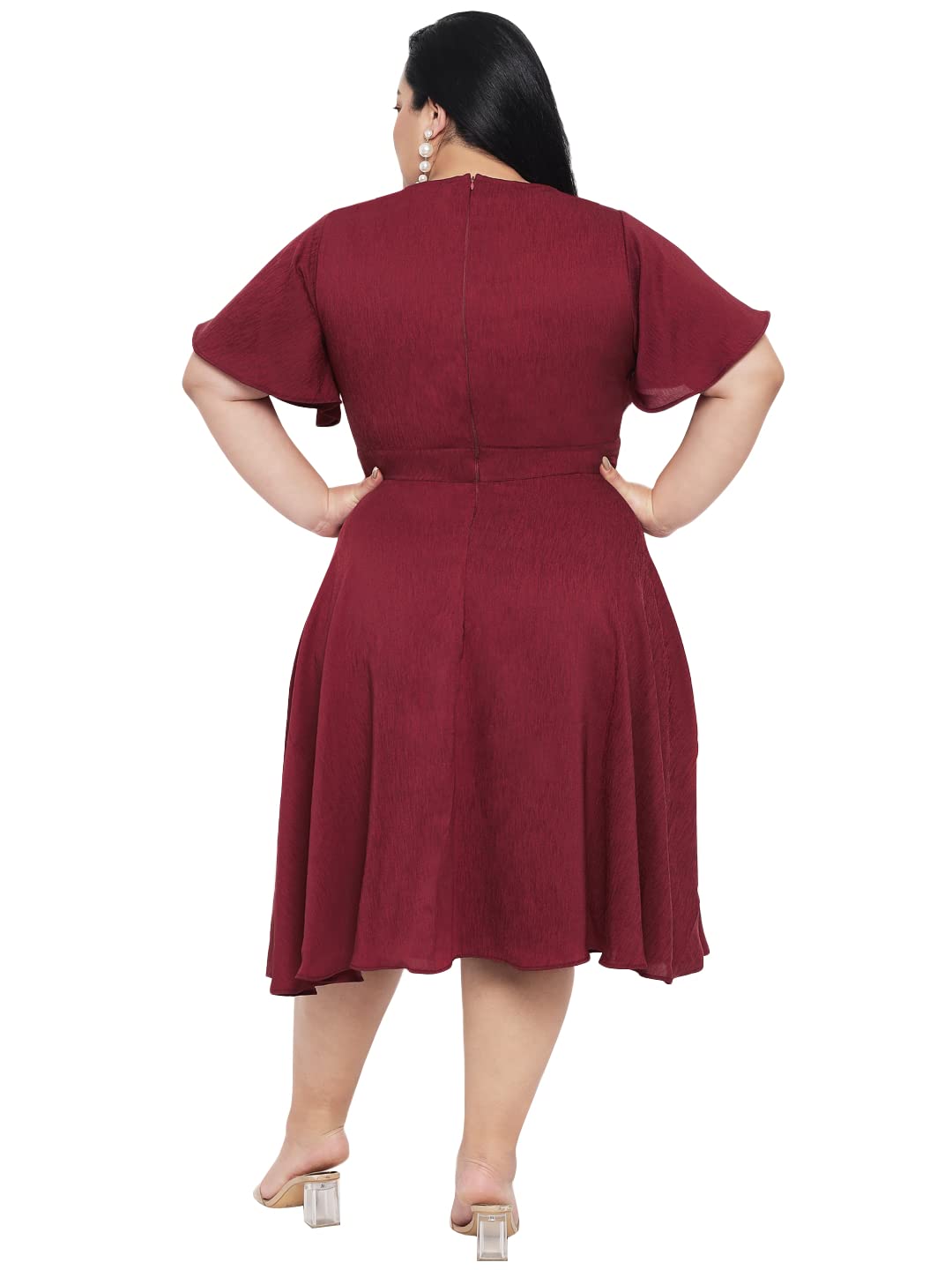 wild U Women Plus Size Premium Textured Butterfly Sleeve Premium Satin Midi Dress (Maroon, Size : 3XL)