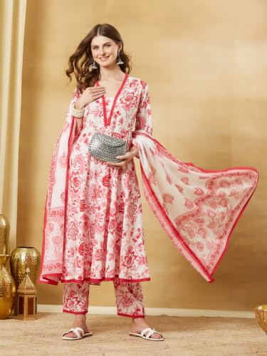 Divena White Floral Cotton Anarkali Kurta Sets With Dupatta