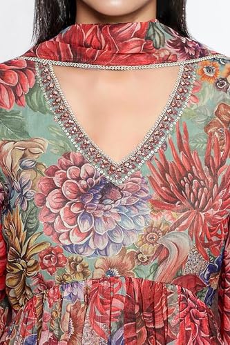 W for Woman Multicolour Printed Silver Chiffon Flared Kurta, Sharara and Dupatta Set (Size: L)-WS13199-126196