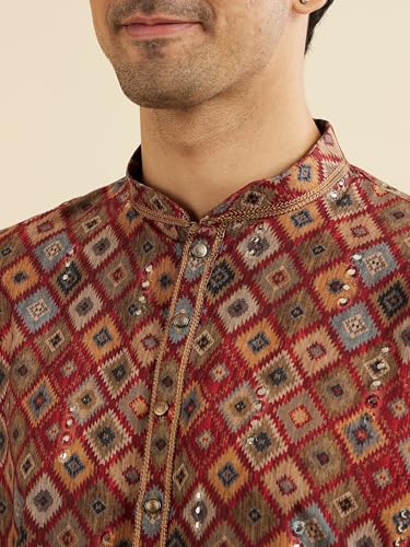 Manyavar Men's Viscose Blend Printed | Mirror Work Kurta Pyjama Set (Maroon,XL)