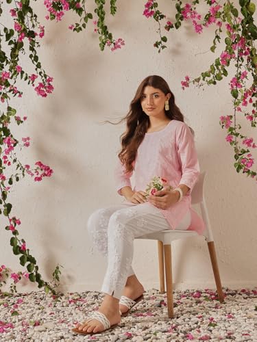Ada Hand Embroidered Lucknow Chikankari Straight Round Neck Cotton Short Kurti Top for Women A911323 (6XL, Pink)