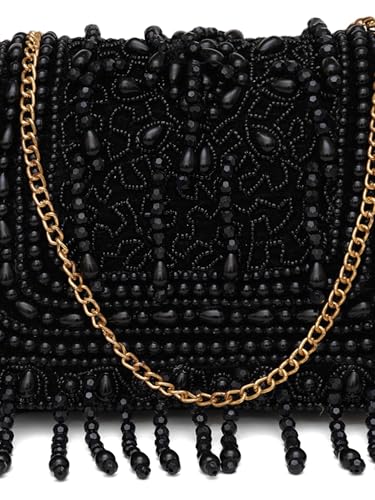 FABBHUE Women's Velvet Black Hand Embroidery Box Clutch Bag