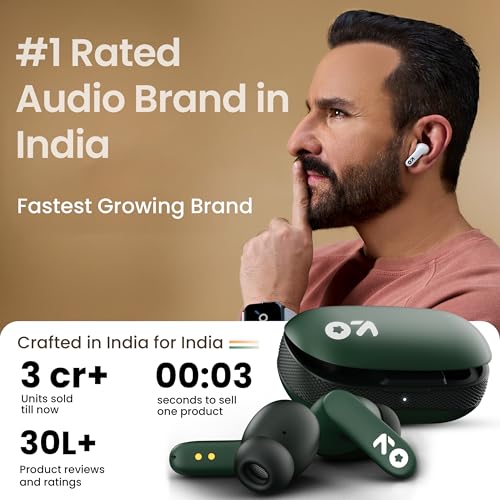 GOBOULT Z20 Made in India Bluetooth Ear Buds Wireless 51H Playtime, Clear Calling ENC Mic, Low Latency Gaming, 10mm Drivers Earbuds Buds Bluetooth Wireless Earphones (Pine Green)