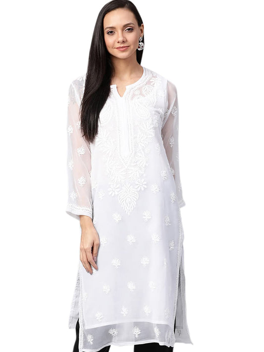 Ada Hand Embroidered Lucknow Chikankari White Georgette Kurta Kurti with Slip for Women L138791 (L)