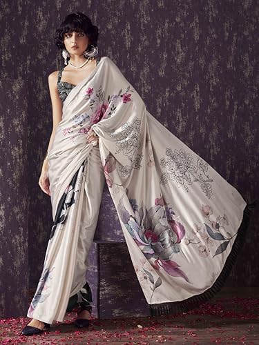 Womanista Women's Satin Two Way Floral Black Saree With Un-stitched blouse