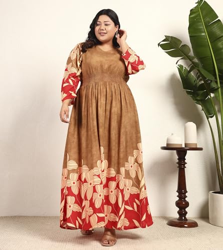 DEEBACO Women's Plus Size Floral Placement Print Rayon Ankle Length Smocked A-Line Dress|3/4 Sleeve|Casual Trending Stylish Long One Piece Dresses Women Western(DBDRP00002318_3XL_Brown)
