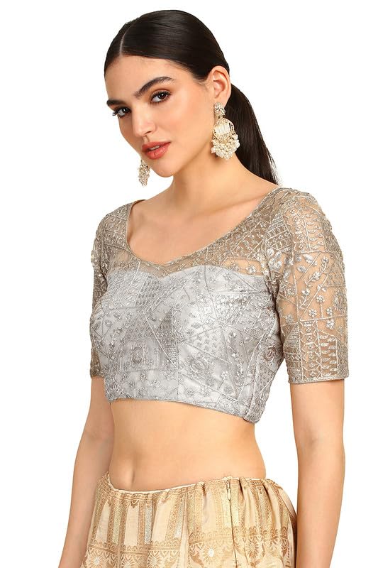 Soch Womens Silver Zari Embroidery Net Padded Blouse with Sequins