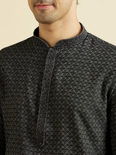 Manyavar Men's Viscose Blend Self Design Kurta Pyjama Set (Black,XXL)