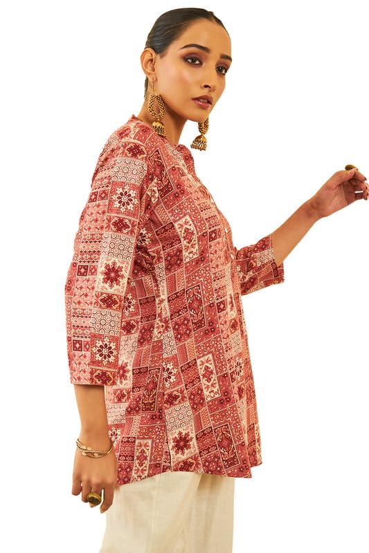 Soch Womens Brown Rayon Ethnic Motif Foil Printed Mandarin Collar Tunic